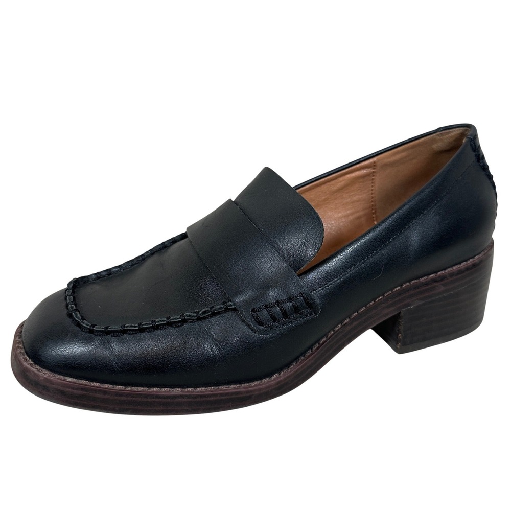 Crown Vintage Hazel Black Leather Chunky Heel Penny Loafers Heeled Square toe‎